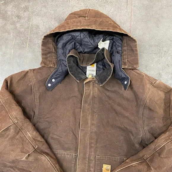 Carhartt J22 Duck Jacket Brown Hooded Workwear Distressed Mens XL - Picture 3 of 11